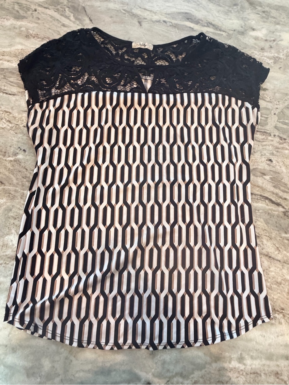 Ivy Ridge Medium Geometric Print Blouse Black Lace Yoke Business Casual Top
